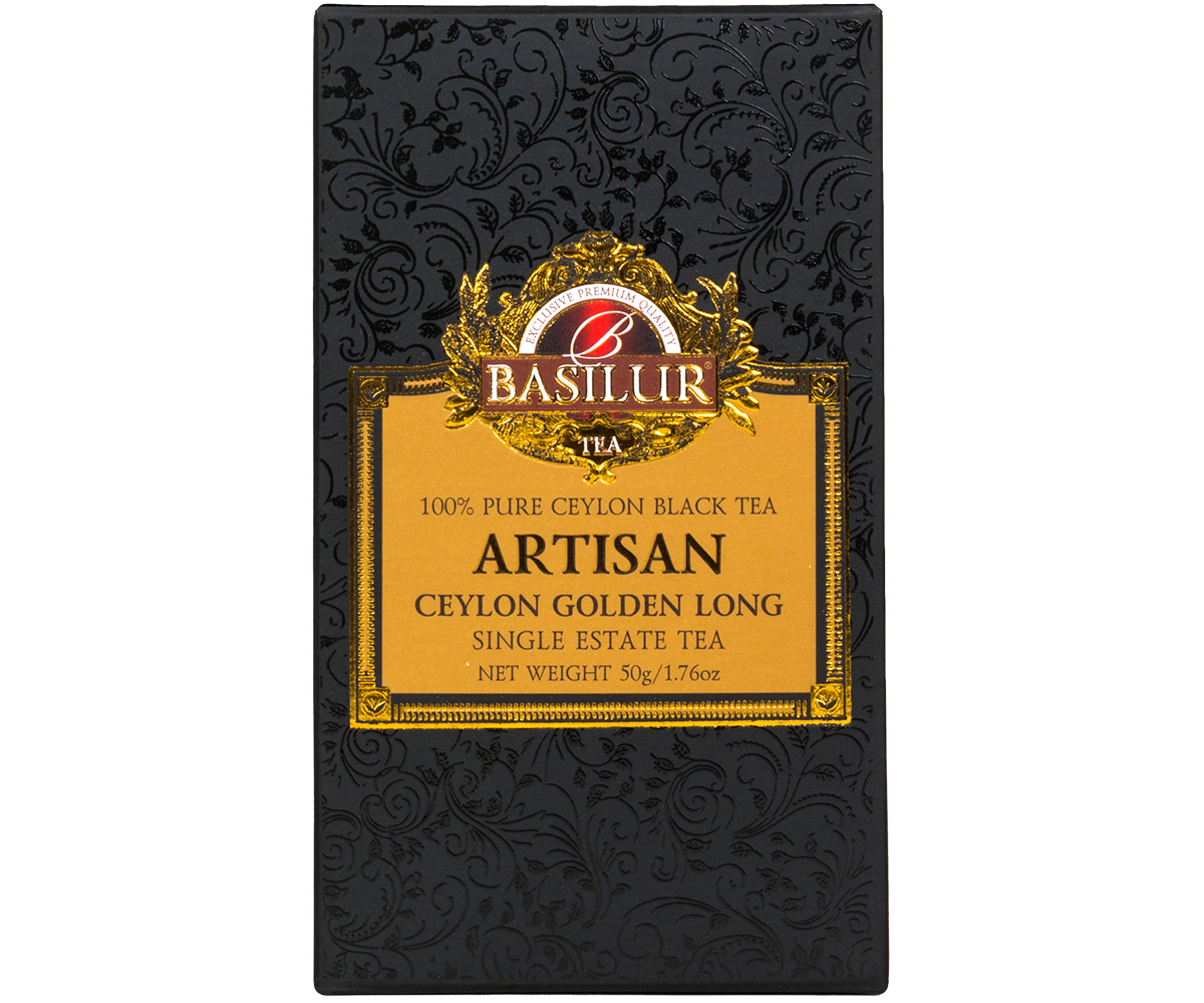 Przód pudełka Basilur Ceylon Golden Long w eleganckiej czarno-złotej kolorystyce.