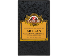 Przód pudełka Basilur Ceylon Golden Long w eleganckiej czarno-złotej kolorystyce.