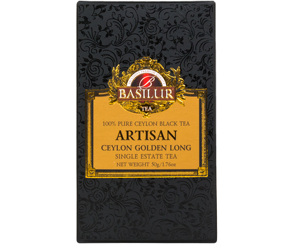 Przód pudełka Basilur Ceylon Golden Long w eleganckiej czarno-złotej kolorystyce.