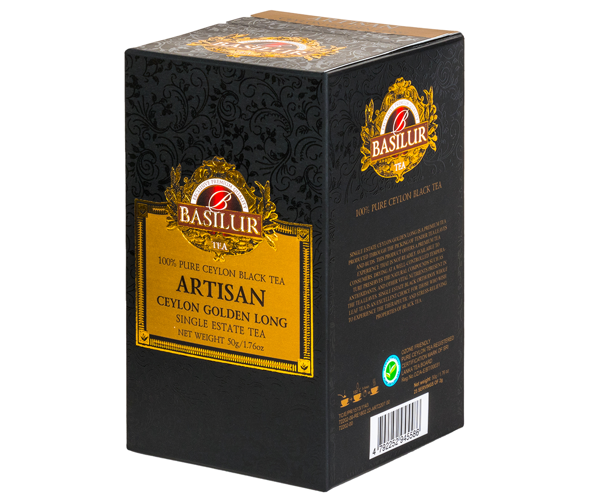 Widok boczny opakowania herbaty Basilur Ceylon Golden Long z detalami i logo marki.