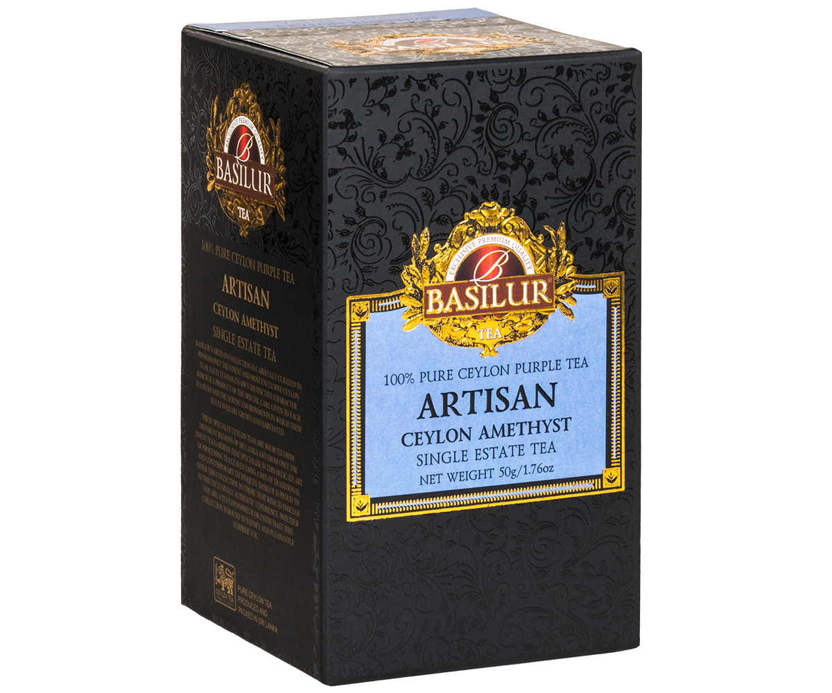 Przód pudełka Basilur Ceylon Amethyst w eleganckiej czarno-niebieskiej kolorystyce.
