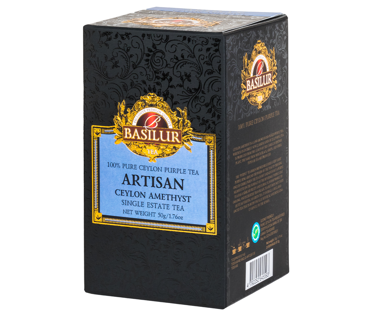 Widok boczny opakowania Basilur Ceylon Amethyst z detalami i złotym logo marki.