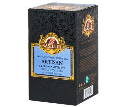 Widok boczny opakowania Basilur Ceylon Amethyst z detalami i złotym logo marki.
