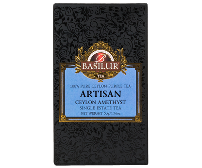 Zbliżenie suszu herbaty Basilur Ceylon Amethyst – liście cejlońskiej herbaty purpurowej o unikalnym odcieniu.