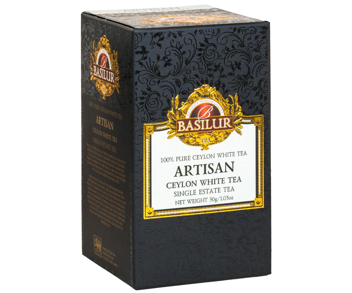 Herbata Basilur Ceylon White Tea – luksusowe pudełko z tłoczonym wzorem i logo marki.