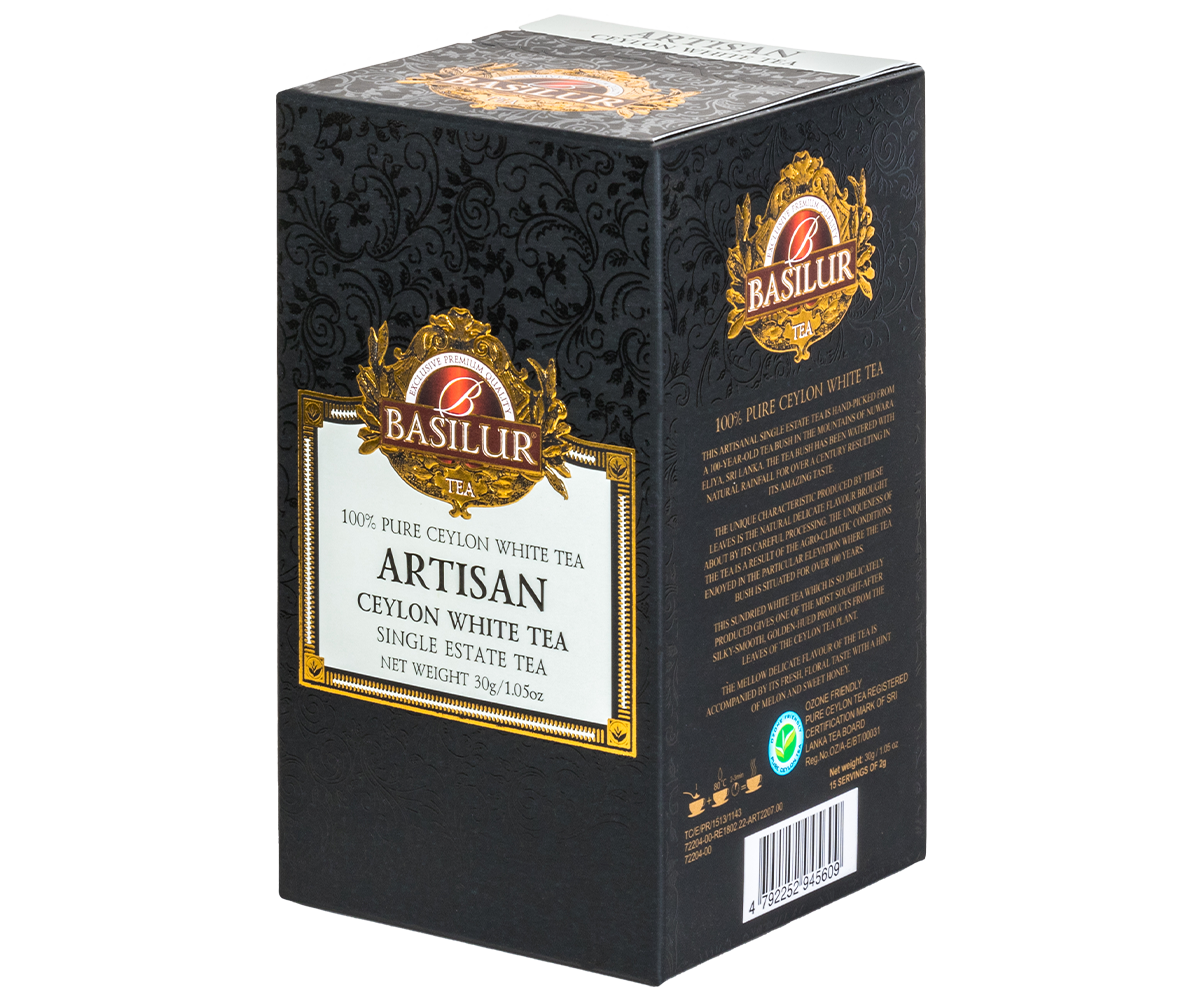 Biała herbata Basilur Artisan – bok opakowania z opisem i złotymi detalami.