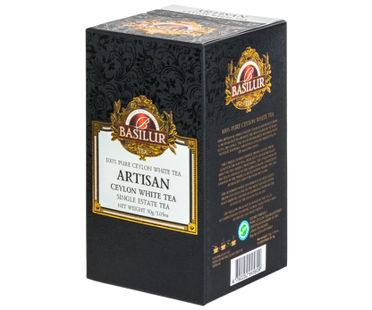 Biała herbata Basilur Artisan – bok opakowania z opisem i złotymi detalami.