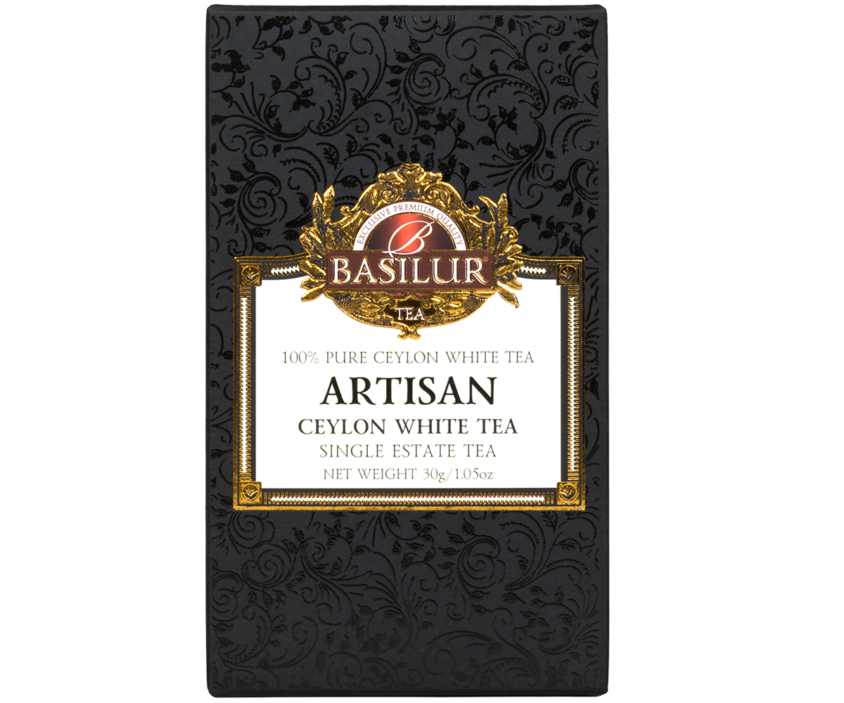 Opakowanie herbaty Basilur Ceylon White Tea Artisan w eleganckim czarnym pudełku.