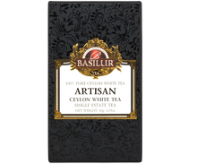 Opakowanie herbaty Basilur Ceylon White Tea Artisan w eleganckim czarnym pudełku.