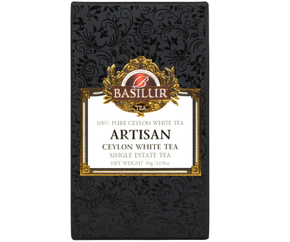 Opakowanie herbaty Basilur Ceylon White Tea Artisan w eleganckim czarnym pudełku.