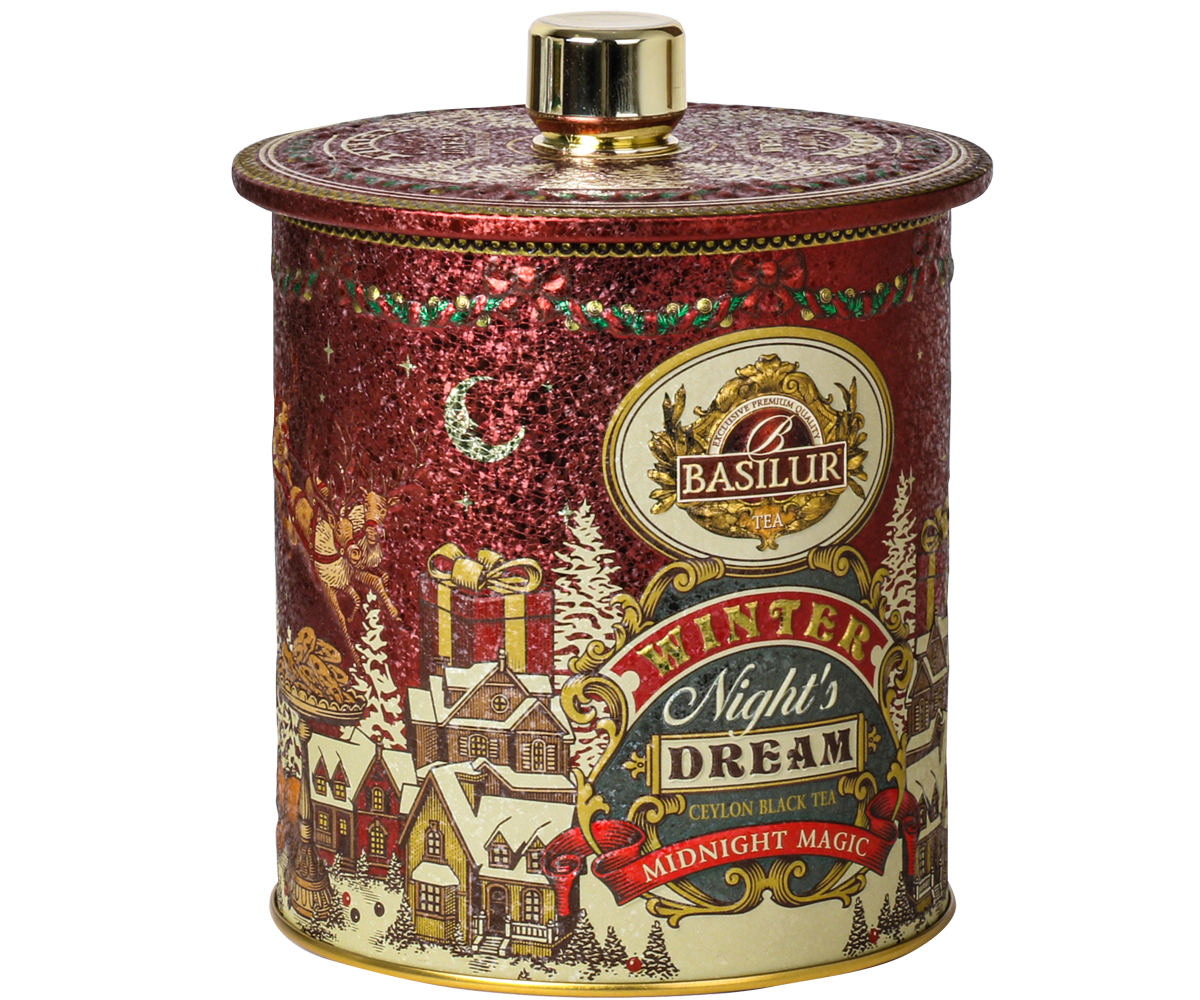 Herbata Basilur Midnight Magic w ozdobnej metalowej puszce z złotym wieczkiem.