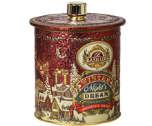 Herbata Basilur Midnight Magic w ozdobnej metalowej puszce z złotym wieczkiem.