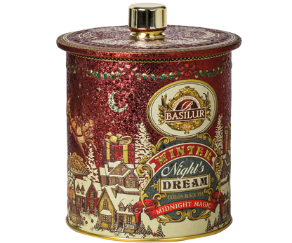 Herbata Basilur Midnight Magic w ozdobnej metalowej puszce z złotym wieczkiem.