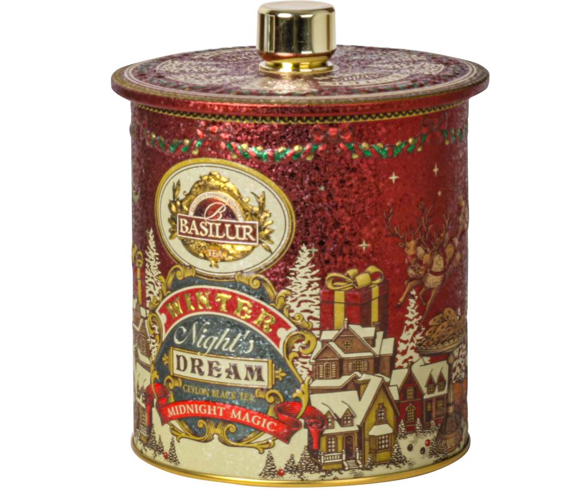 Zbliżenie na puszkę herbaty Basilur Midnight Magic z napisem Winter Night’s Dream.