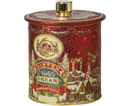 Zbliżenie na puszkę herbaty Basilur Midnight Magic z napisem Winter Night’s Dream.