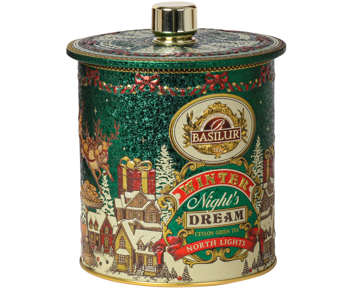 Świąteczna puszka Basilur North Lights z ilustracją zimowego miasteczka i logo Basilur.