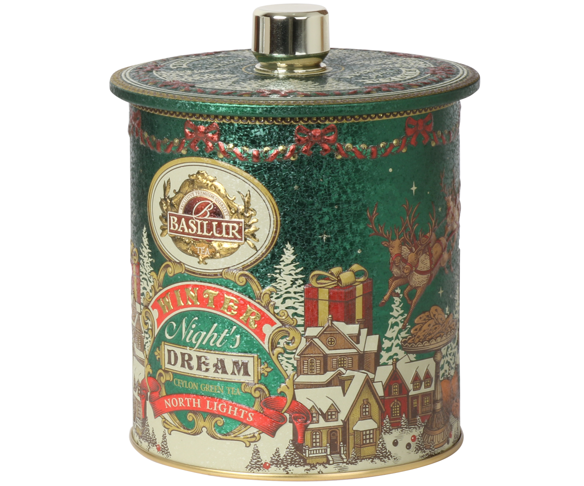Puszka Basilur North Lights w ozdobnym, zimowym wydaniu z motywem renifera i prezentów.