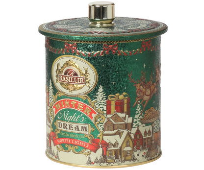 Puszka Basilur North Lights w ozdobnym, zimowym wydaniu z motywem renifera i prezentów.