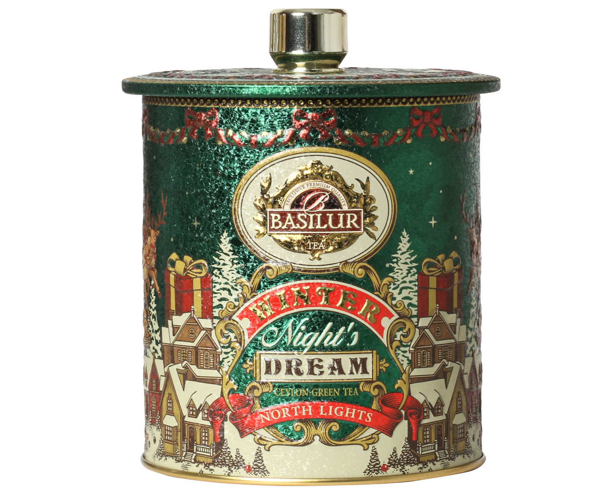 Zielona puszka herbaty Basilur North Lights z kolekcji Winter Night’s Dream w świątecznym stylu.