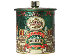 Zielona puszka herbaty Basilur North Lights z kolekcji Winter Night’s Dream w świątecznym stylu.