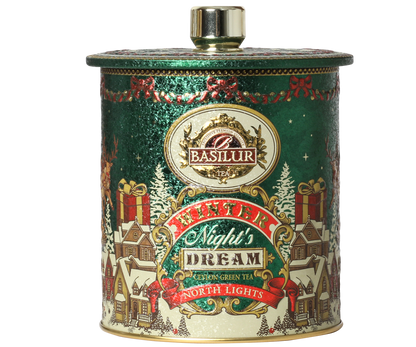 Zielona puszka herbaty Basilur North Lights z kolekcji Winter Night’s Dream w świątecznym stylu.