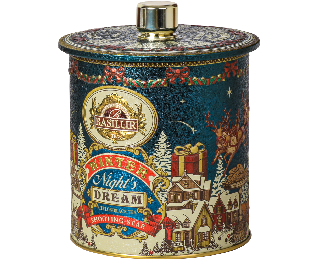 Herbata czarna Basilur Shooting Star w eleganckiej puszce z reniferami i prezentami.