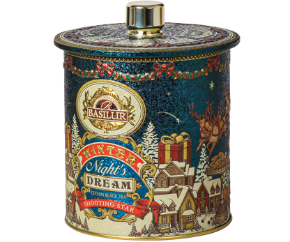 Herbata czarna Basilur Shooting Star w eleganckiej puszce z reniferami i prezentami.