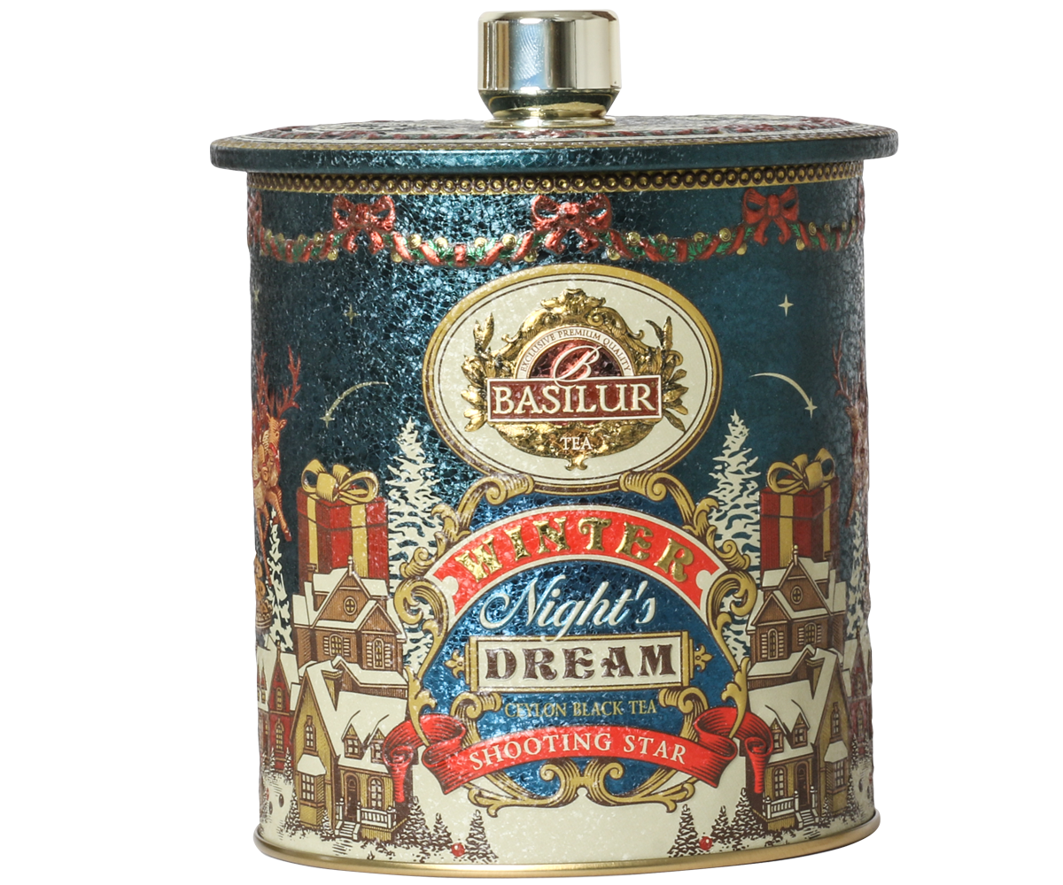Metalowa puszka Basilur Shooting Star z zimowym motywem i logo marki Basilur.
