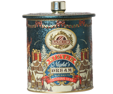 Metalowa puszka Basilur Shooting Star z zimowym motywem i logo marki Basilur.