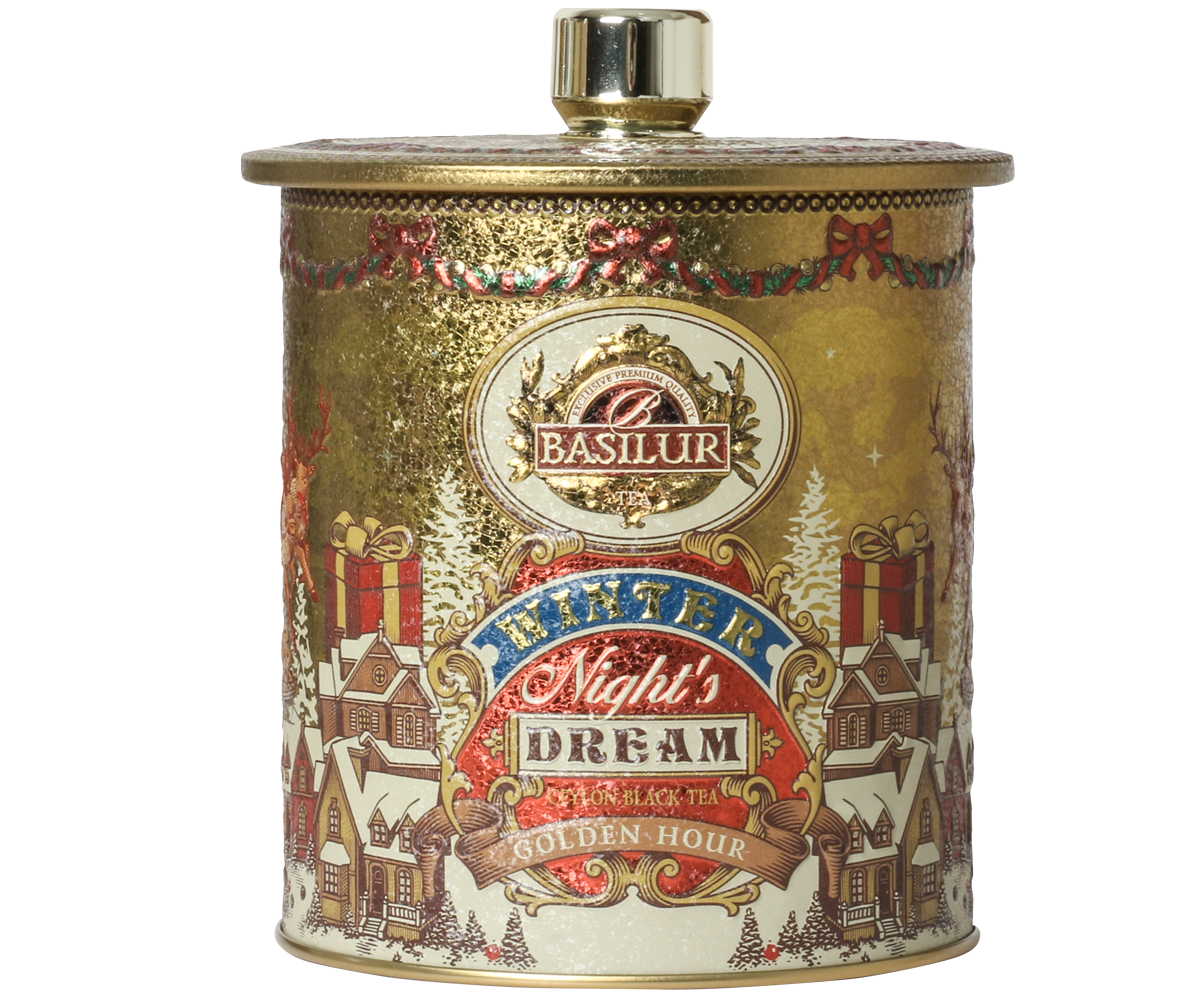 Elegancka puszka Basilur Golden Hour – świąteczna herbata czarna Ceylon.