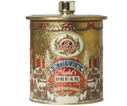 Elegancka puszka Basilur Golden Hour – świąteczna herbata czarna Ceylon.