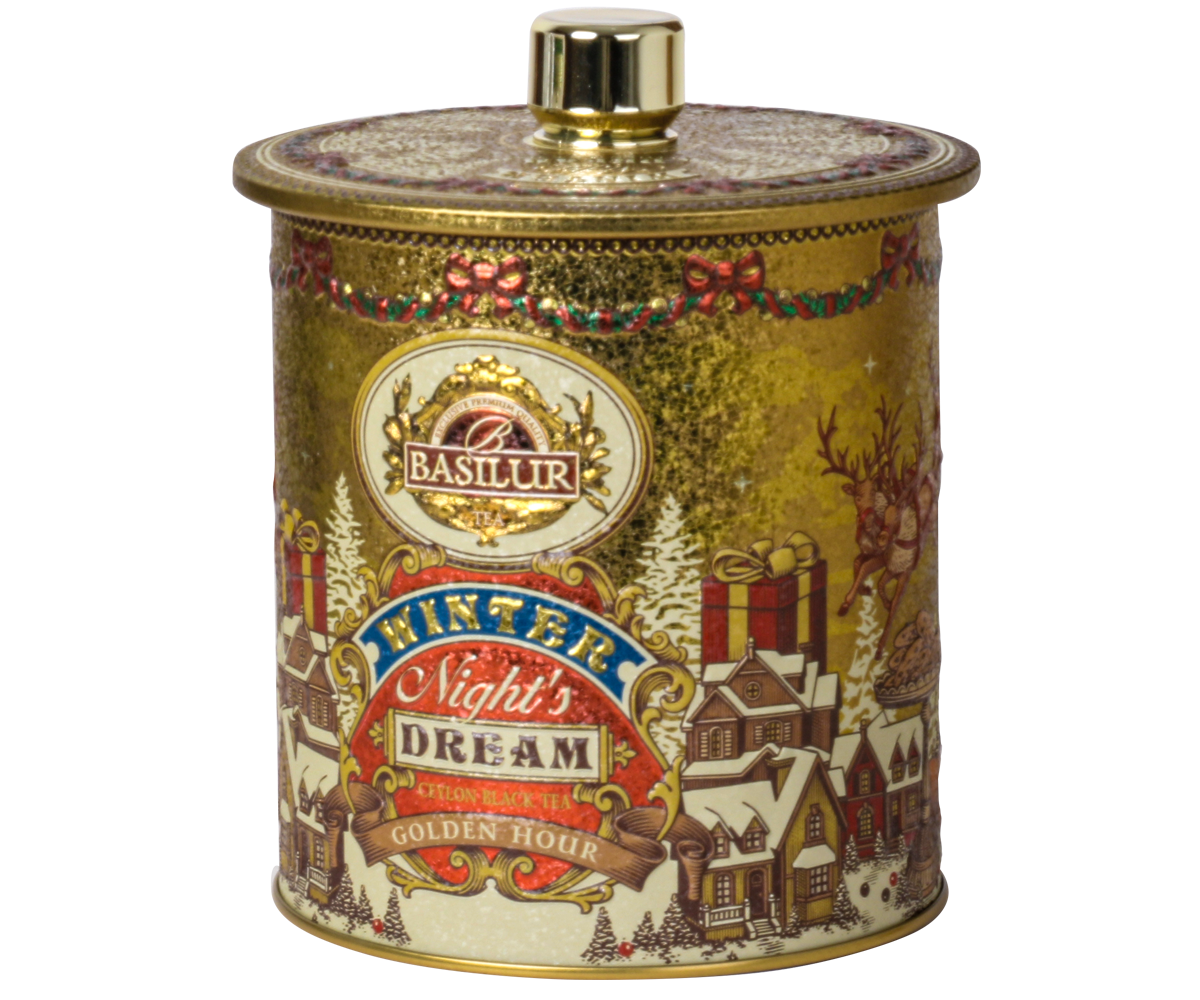 Herbata czarna Basilur Golden Hour w złotej puszce z zimowym motywem.