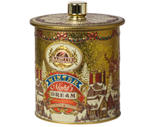 Herbata czarna Basilur Golden Hour w złotej puszce z zimowym motywem.