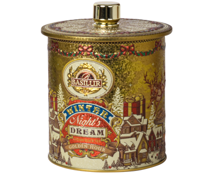 Herbata czarna Basilur Golden Hour w złotej puszce z zimowym motywem.