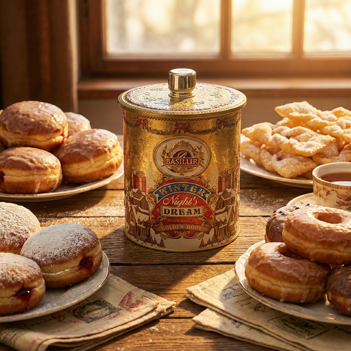 Herbata Basilur Winter Night’s Dream w ozdobnej puszce otoczona pączkami i faworkami na drewnianym stole, klimat tłustego czwartku.