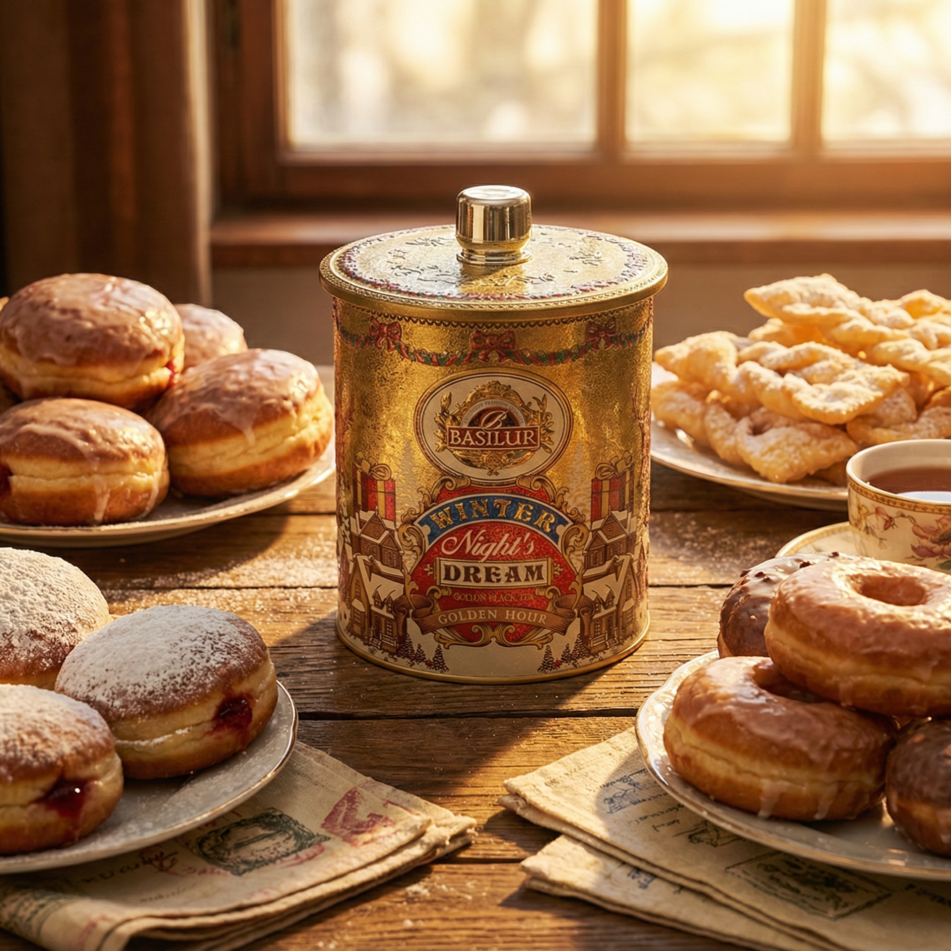 Herbata Basilur Winter Night’s Dream w ozdobnej puszce otoczona pączkami i faworkami na drewnianym stole, klimat tłustego czwartku.