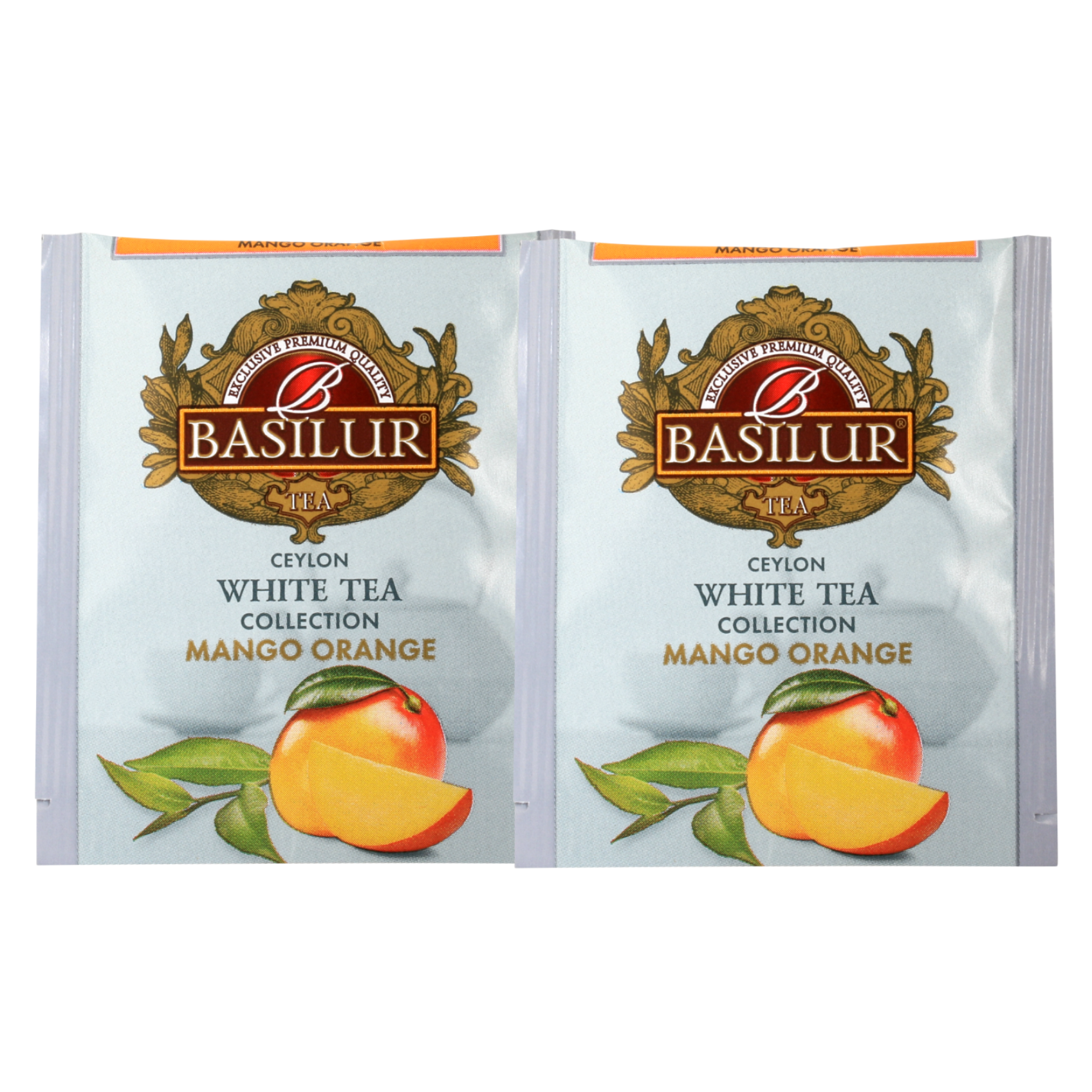Koperty herbaty białej basilur mango orange z dodatkiem mango i pomarańczy.