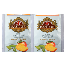 Koperty herbaty białej basilur mango orange z dodatkiem mango i pomarańczy.