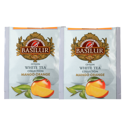 Koperty herbaty białej basilur mango orange z dodatkiem mango i pomarańczy.