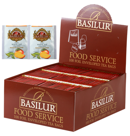 Herbata Basilur Mango Orange 100 x 1,5 g w opakowaniu Food Service, biała herbata z mango i pomarańczą.