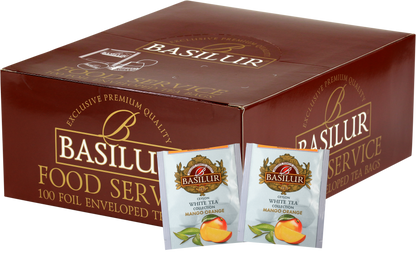 Zestaw Basilur Mango Orange – 100 torebek białej herbaty cejlońskiej o smaku mango i pomarańczy.
