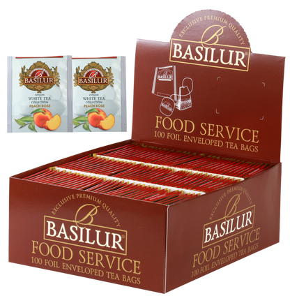Herbata Basilur Peach Rose 100 x 1,5 g w opakowaniu Food Service, biała herbata z brzoskwinią i różą.
