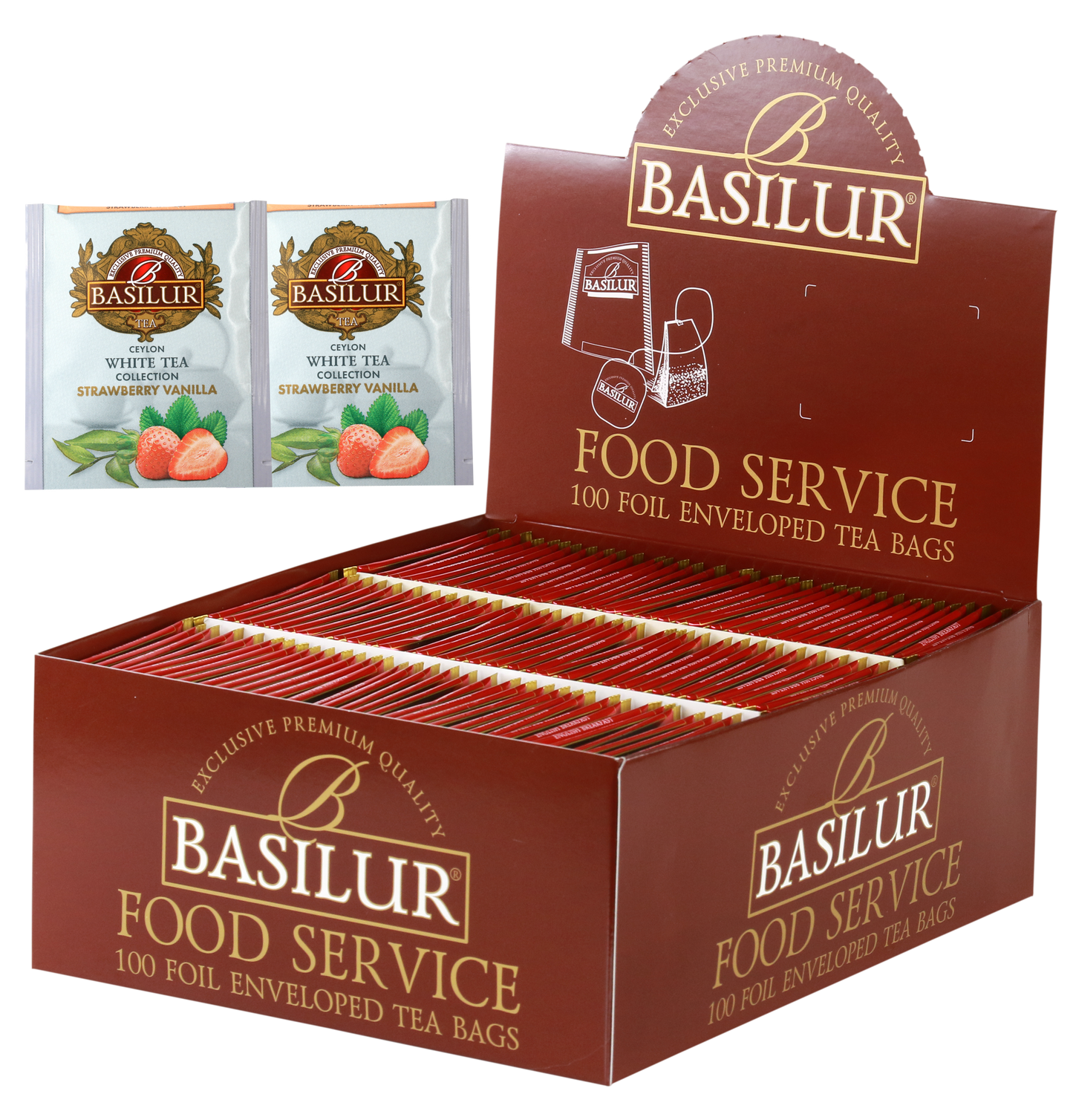 Herbata Basilur Strawberry Vanilla 100 x 1,5 g w opakowaniu Food Service, biała herbata z truskawką i wanilią.