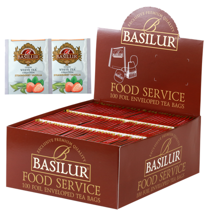 Herbata Basilur Strawberry Vanilla 100 x 1,5 g w opakowaniu Food Service, biała herbata z truskawką i wanilią.
