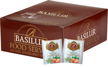 Zestaw Basilur Strawberry Vanilla – 100 torebek białej herbaty cejlońskiej o smaku truskawki i wanilii.