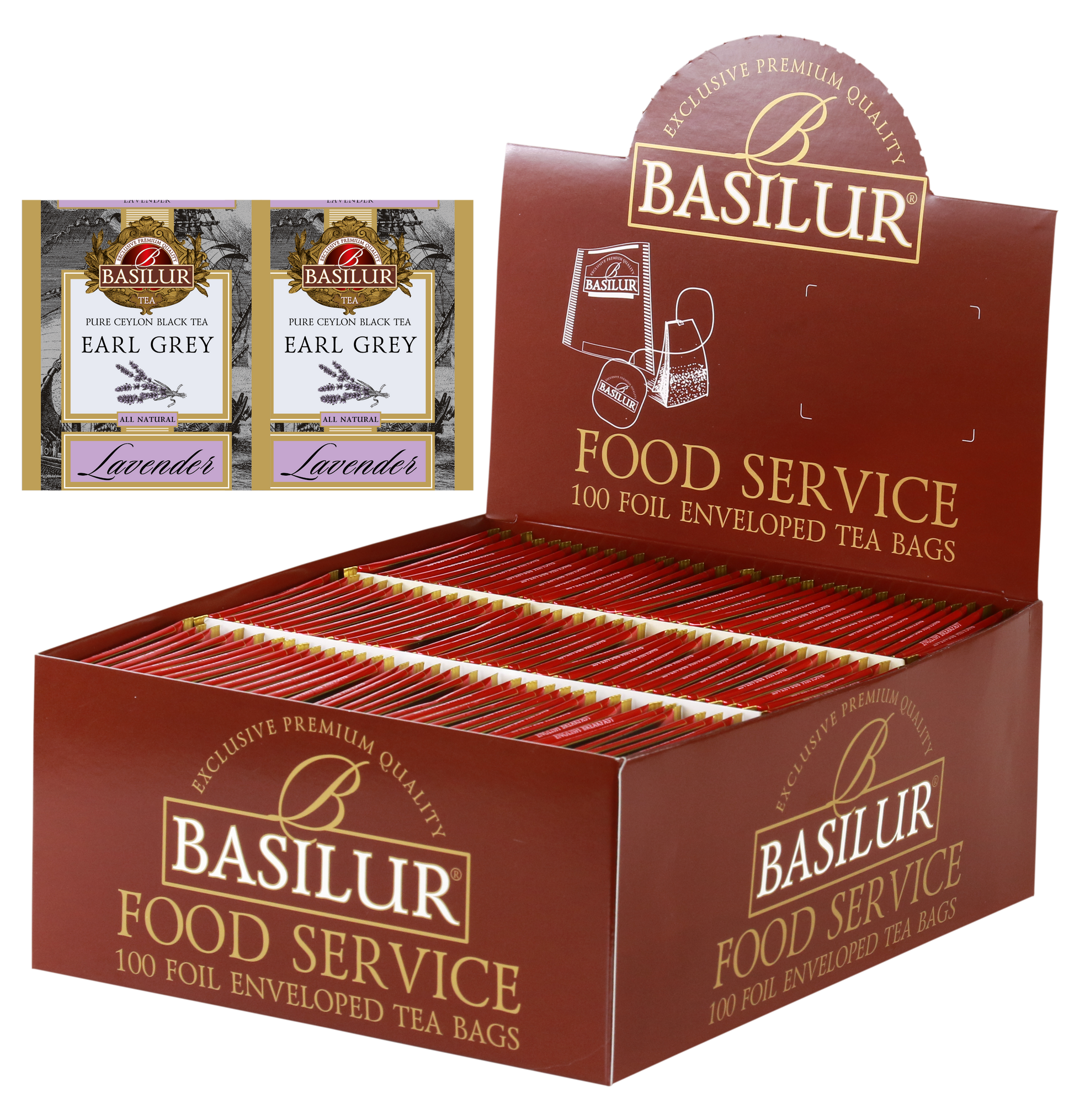 Herbata Basilur Lavender 100 x 2 g w opakowaniu Food Service, czarna herbata Earl Grey z aromatem lawendy.