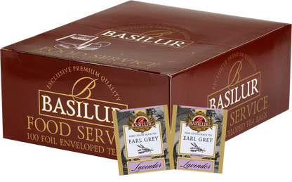 Zestaw Basilur Lavender – 100 torebek herbaty Earl Grey z nutą kwiatową i delikatnym aromatem lawendy.