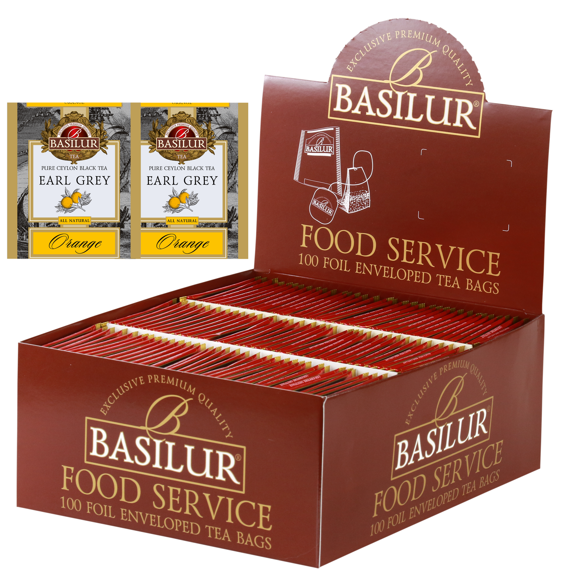 Herbata Basilur Earl Grey Orange w opakowaniu Food Service 100 torebek – czarna herbata cejlońska z nutą pomarańczy.