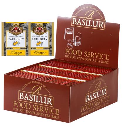 Herbata Basilur Earl Grey Orange w opakowaniu Food Service 100 torebek – czarna herbata cejlońska z nutą pomarańczy.