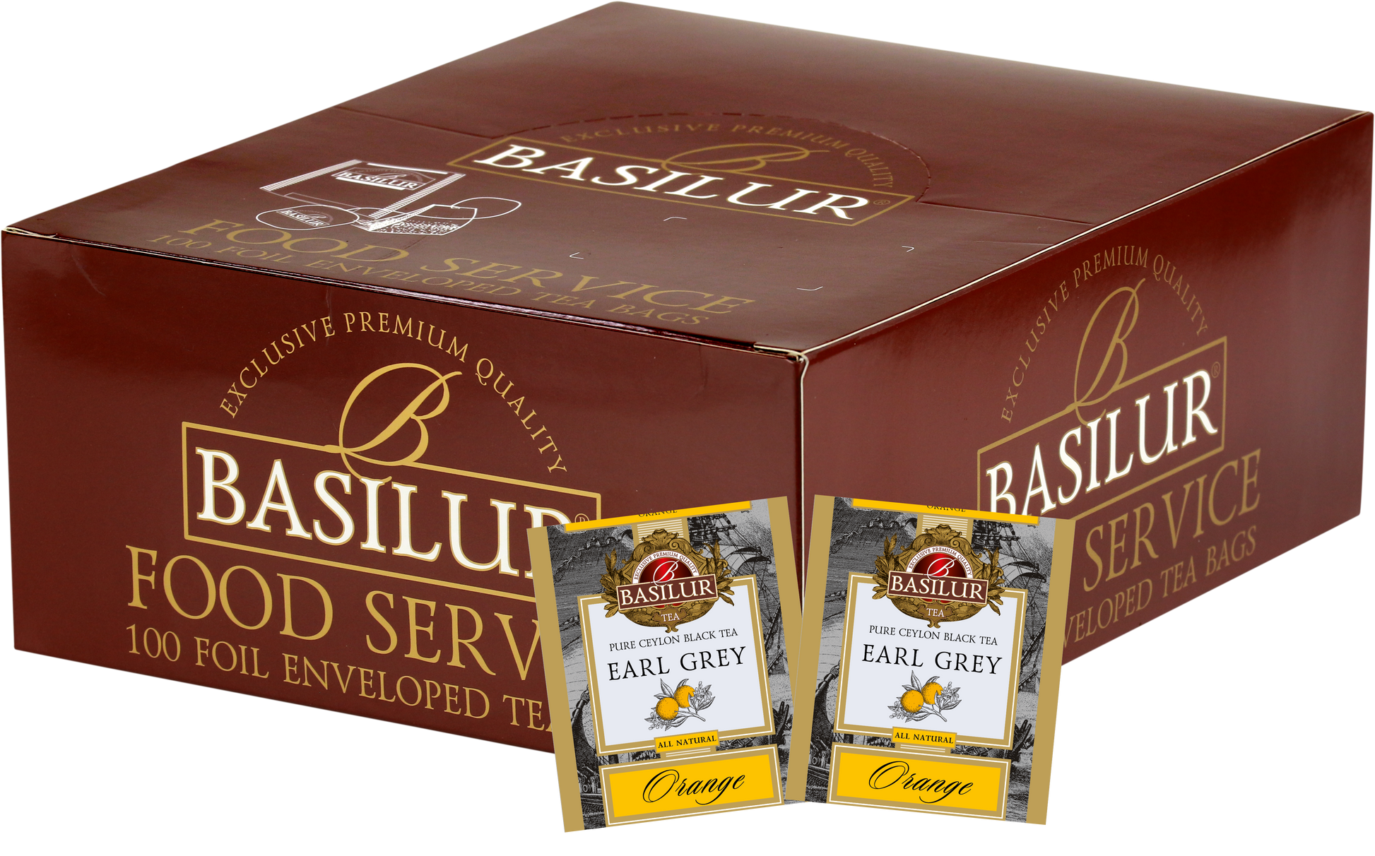 Zestaw Basilur Earl Grey Orange 100 x 2 g – aromatyczna czarna herbata z bergamotką i pomarańczą w eleganckim kartonowym pudełku.